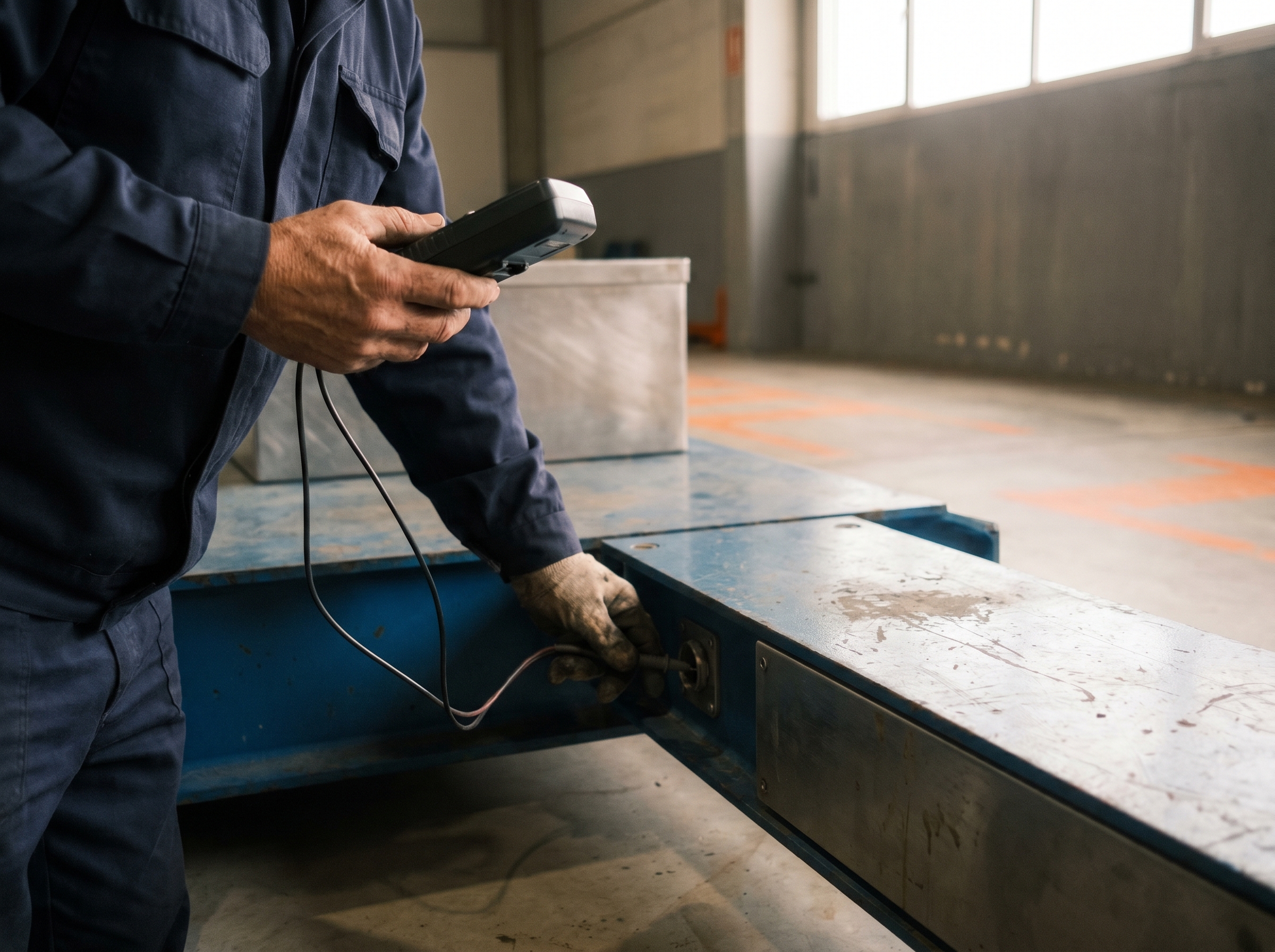 Técnico inspeccionando con multímetro digital una báscula de plataforma industrial