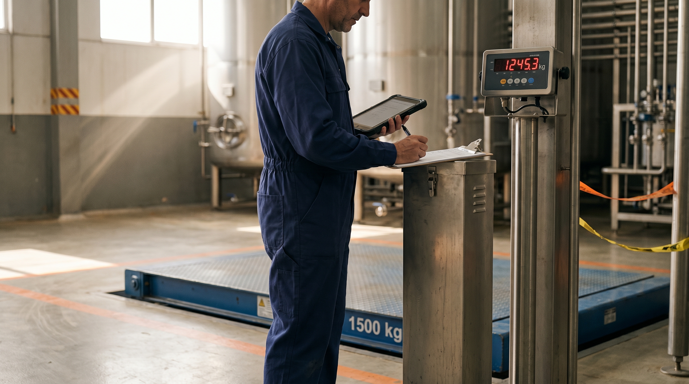 Técnico de TecniPés escribiendo notas sobre una báscula de plataforma industrial de 1500 kg en una nave alimentaria