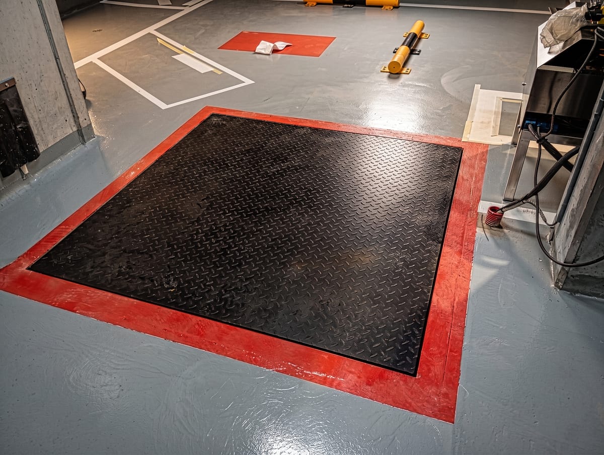 La misma plataforma de pesaje cerrada y enrasada al ras del suelo del taller.